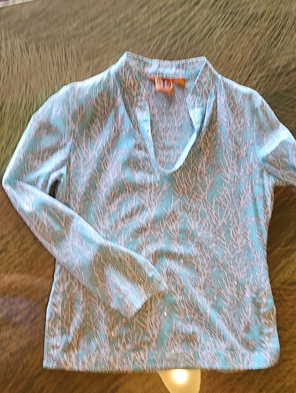 Tory Burch Light Blue V-Neck Long Sleeve Top with White Botanical Print